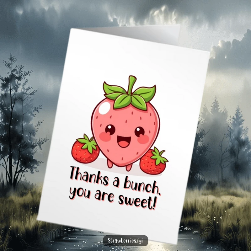 Funny Free Printable Thank You Card featuring a joyful Kawaii strawberry character offering a delightful tiny bite.