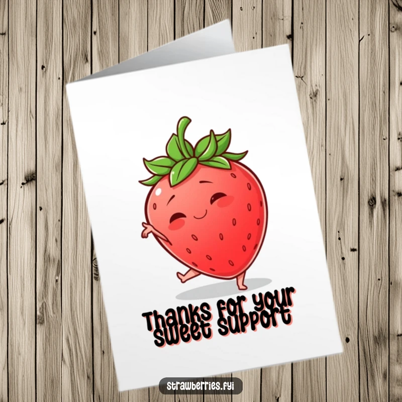 Funny free printable thank you card with a wobbly strawberry attempting a polite pose, looking endearingly awkward.