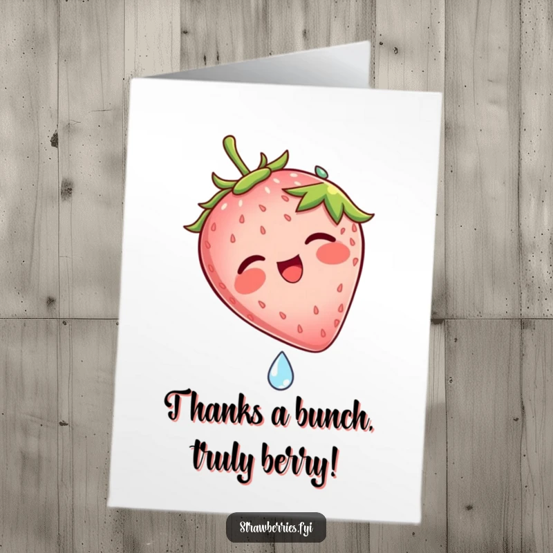 Funny Free Printable Thank You Card: Strawberry sliding down a dew drop, expressing thanks with a joyful descent.