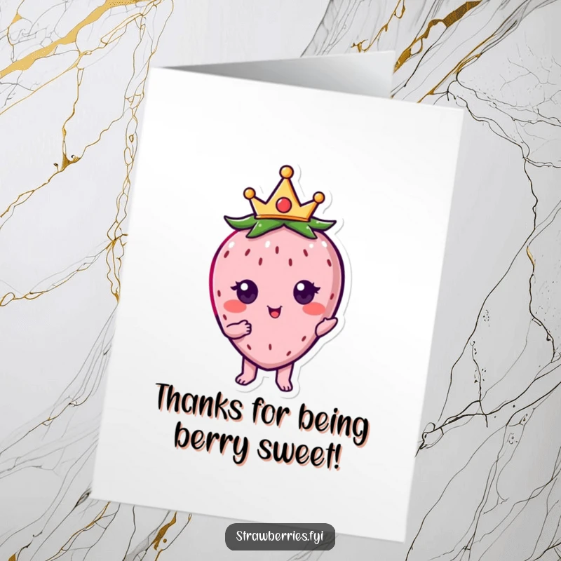 Funny Free Printable Thank You Card: A kawaii strawberry character wearing a tiny crown, posing elegantly to say thank you.