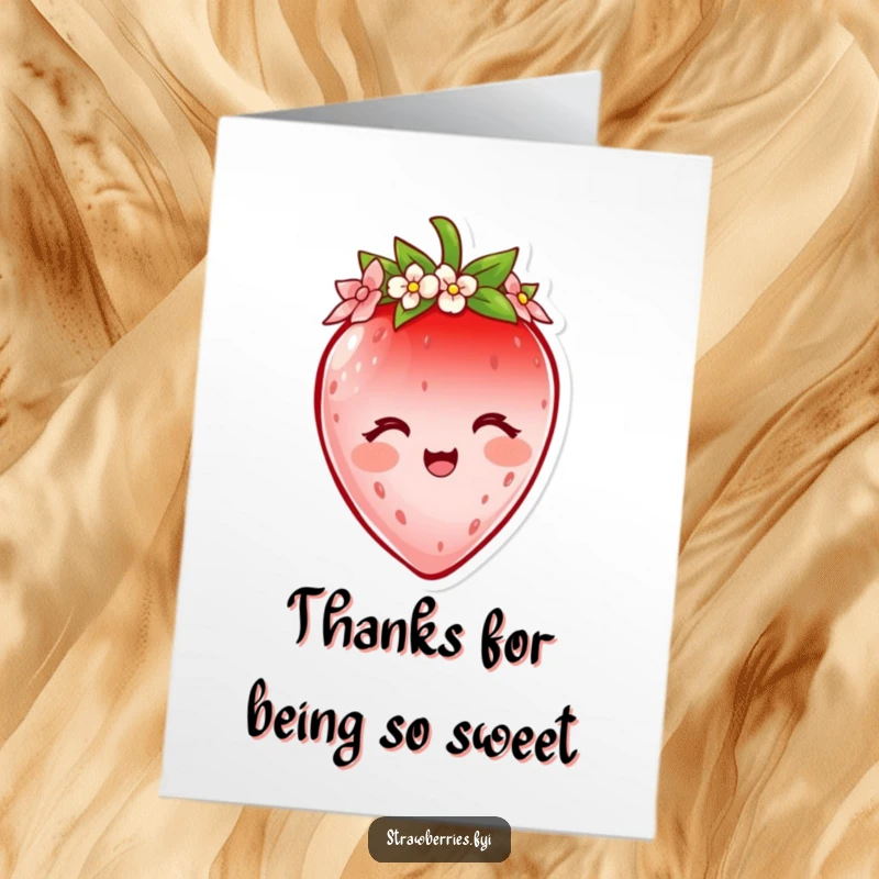 Free Printable Thank You Card: A delighted strawberry character wearing a tiny flower crown, offering thanks sweetly.