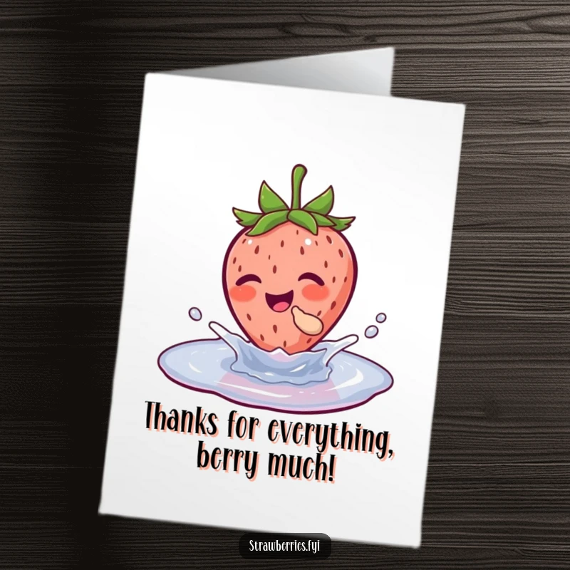 Funny free printable thank you card depicting a strawberry giggling while splashing in a tiny puddle, expressing thanks.