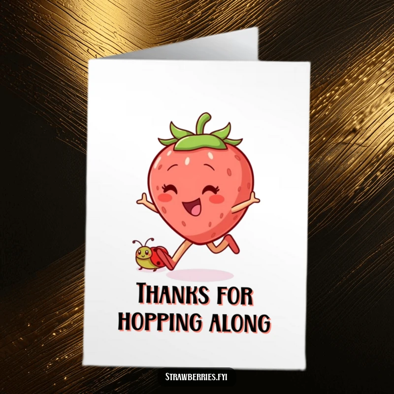 Free Printable Thank You Card: A jovial strawberry character skipping with a ladybug, sending happy thanks.