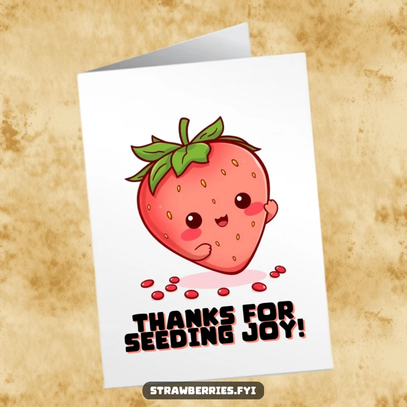 Funny free printable thank you card featuring a Kawaii strawberry character doing a playful flourish with its seeds. A charming downloadable.