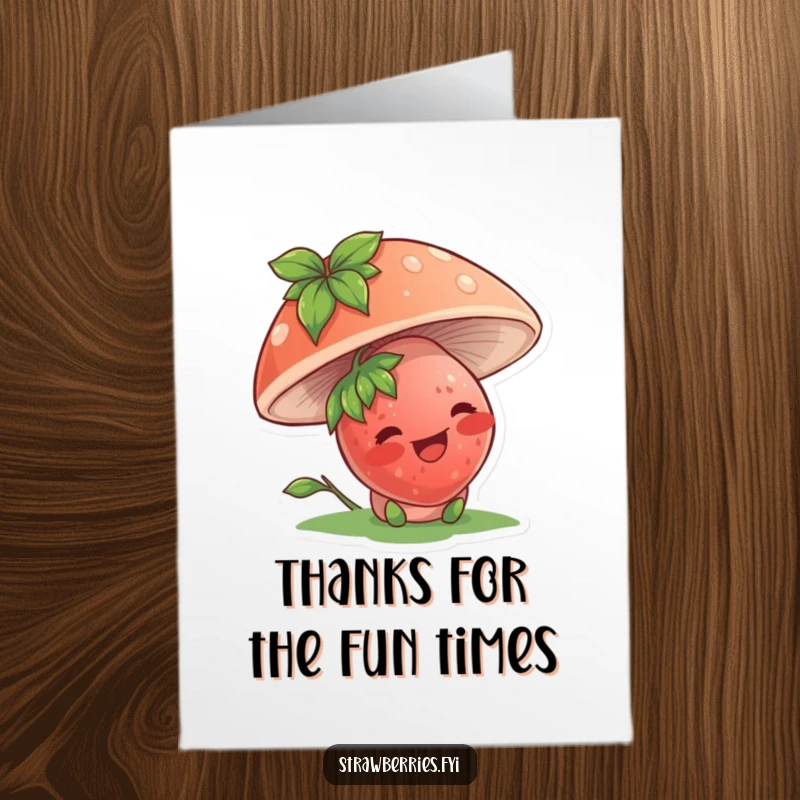 Funny Free Printable Thank You Card with a giggling strawberry character peeking from under a mushroom, a cute thank you, a DIY gift.