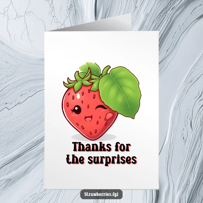 Funny Free Printable Thank You Card with a mischievous strawberry character hiding behind a large leaf, a playful thank you, a DIY gift.