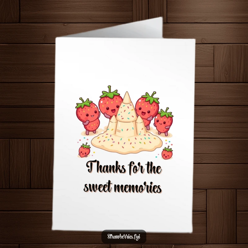 Funny Free Printable Thank You Card: Strawberry characters creating a sandcastle decorated with sprinkles, a sweet thank you.