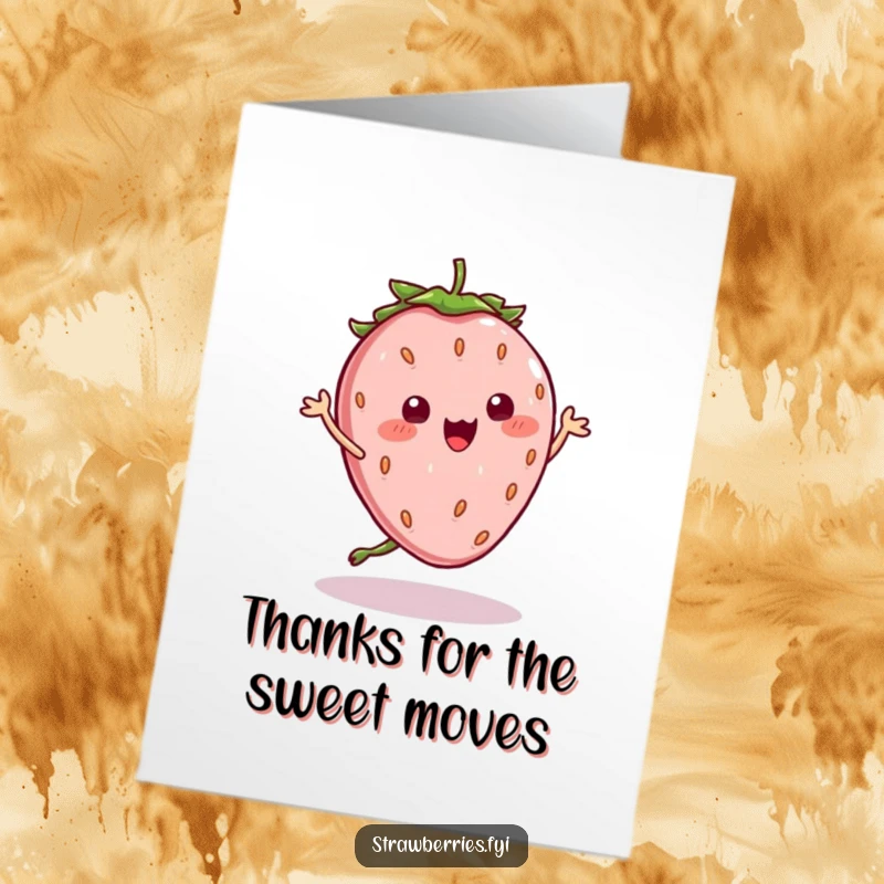 Funny Free Printable Thank You Card: A kawaii strawberry doing a hilarious silly dance with wobbly seeds, a joyful thank you.