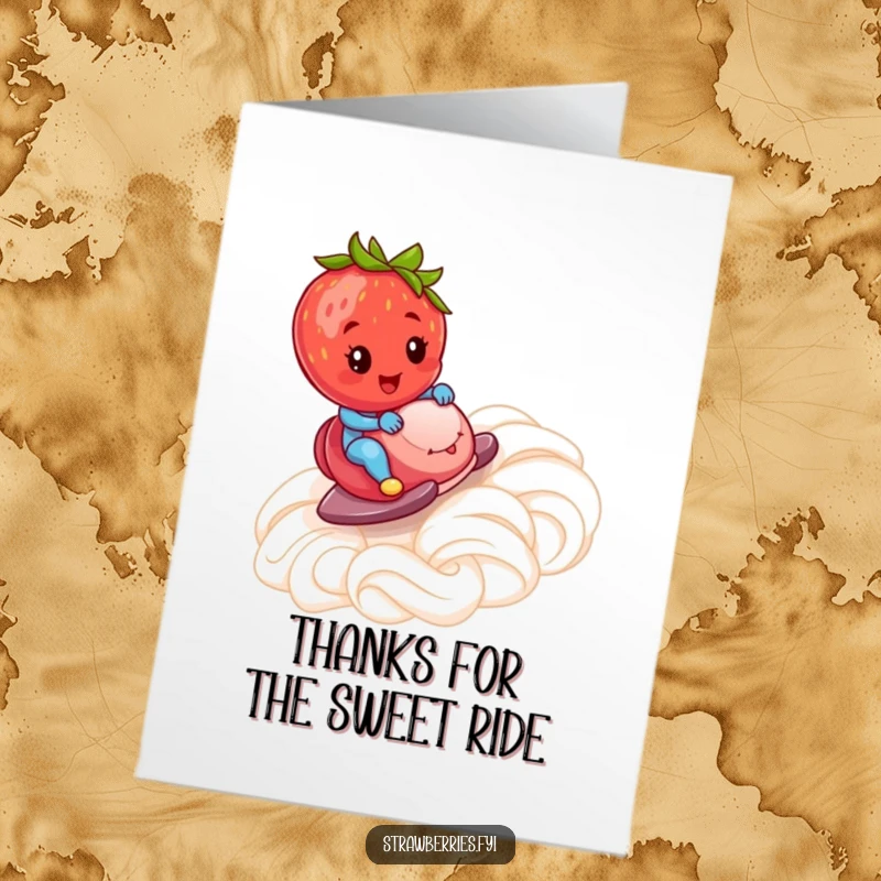 Funny free printable thank you card: A cheerful strawberry zooms down a whipped cream ramp, representing a smooth and sweet experience.