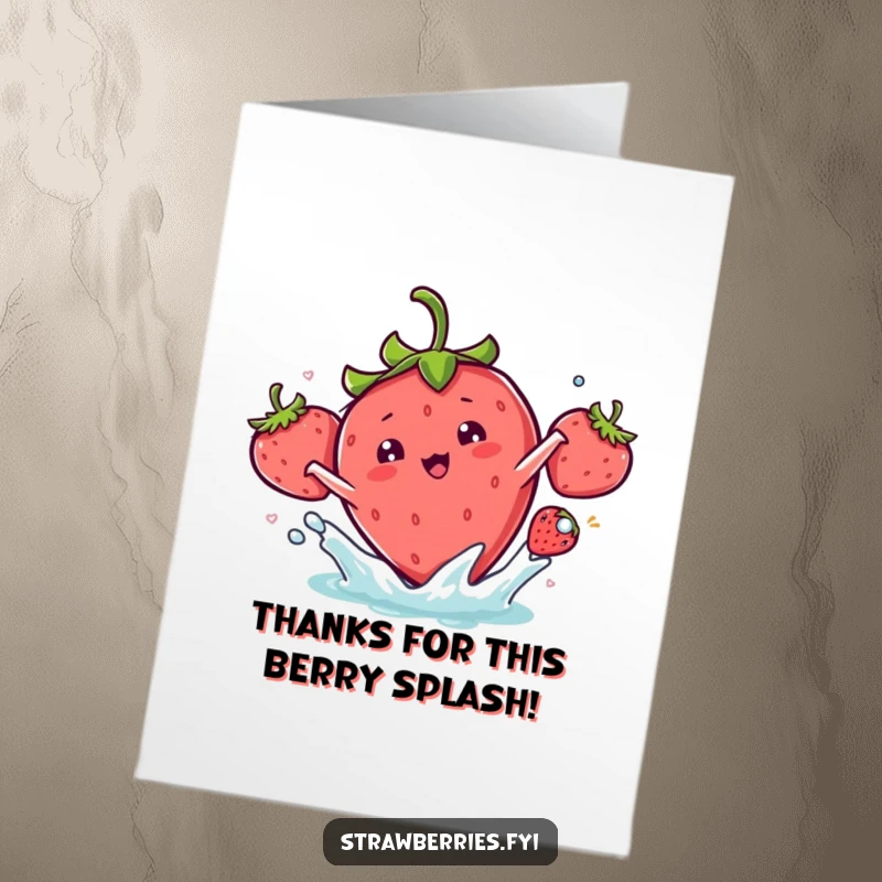 Funny Free Printable Thank You Card: A kawaii strawberry character creating a small, playful splash to convey thanks.