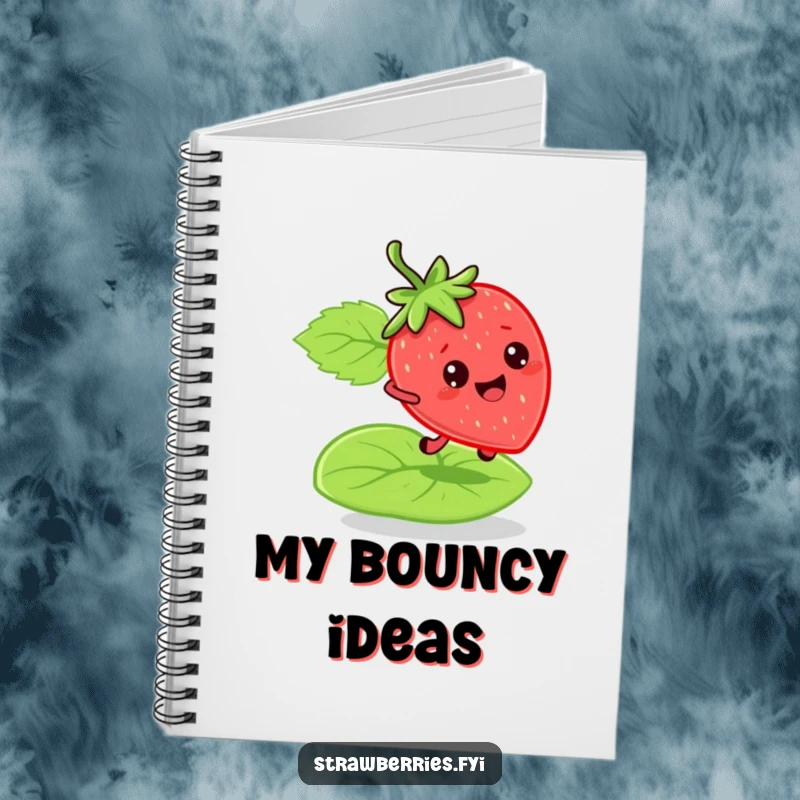 Funny bouncy strawberry notebook featuring a character joyfully bouncing on a green leaf, perfect for jotting down energetic ideas humorously.
