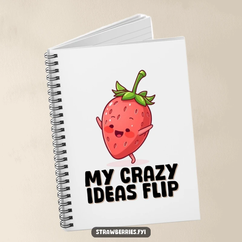Funny notebook featuring an energetic anthropomorphic strawberry doing a cartwheel, inspiring creative and active note-taking.