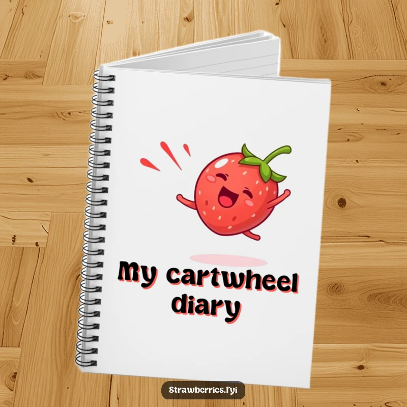 Funny strawberry notebook featuring a giddy fruit character doing a happy cartwheel with a red streak, ideal for writing funny thoughts.