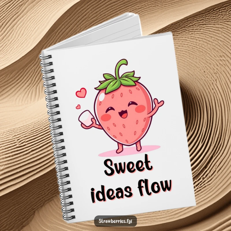 Funny notebook with a giggling strawberry character juggling a tiny sugar cube, perfect for writing, drawing, and sweet notes.