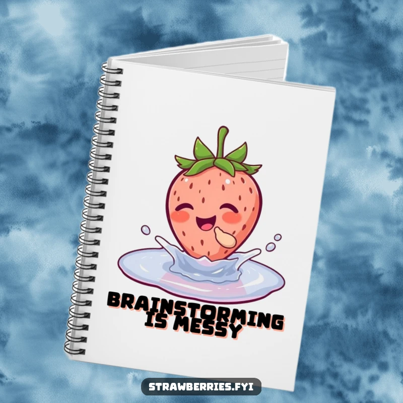 Funny notebook cover with a strawberry character joyfully splashing in a puddle, perfect for jotting down funny thoughts.
