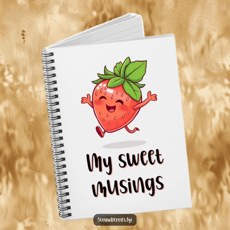 Funny notebook with a happy strawberry character wearing a leafy crown, doing a joyful hop, perfect for writing and drawing.