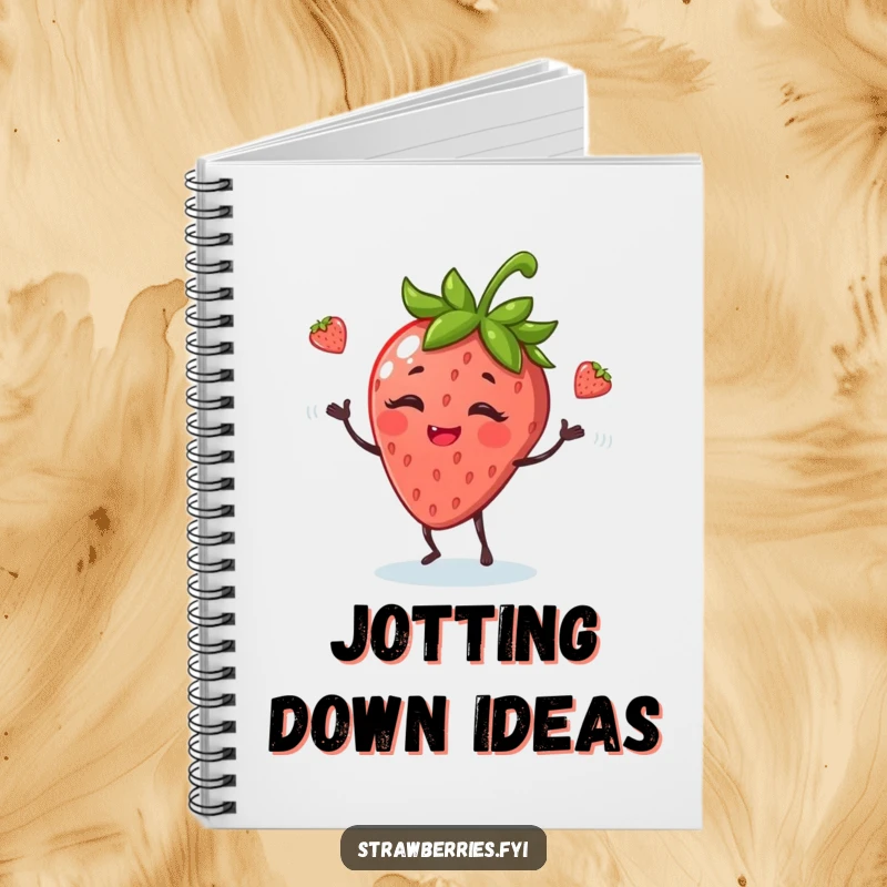 Funny notebook featuring a giggling anthropomorphic strawberry juggling leaves, inspiring playful note-taking and creativity.