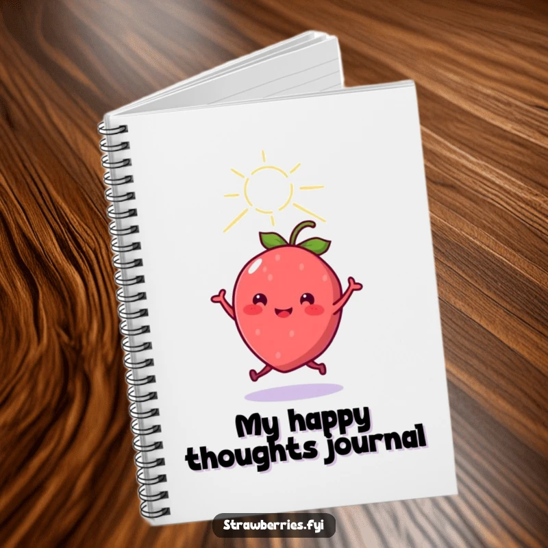 Funny cheerful kawaii strawberry character dancing under a sunbeam, gracing the cover of a lined notebook for jotting down happy thoughts and funny ideas.