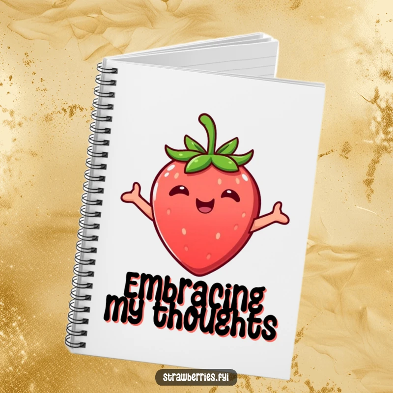 Funny Kawaii strawberry character in a happy embrace on a notebook cover, perfect for jotting notes.