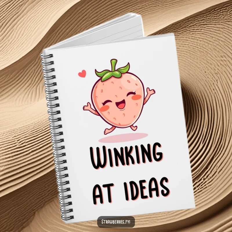 Funny Kawaii strawberry character hopping with a wink on a notebook cover, perfect for jotting ideas.
