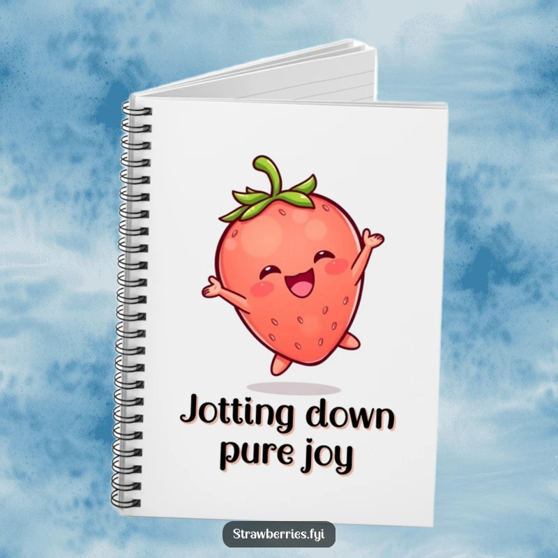 Funny notebook cover with a cheerful Kawaii strawberry character in a spirited, joyful leap, ready for notes.