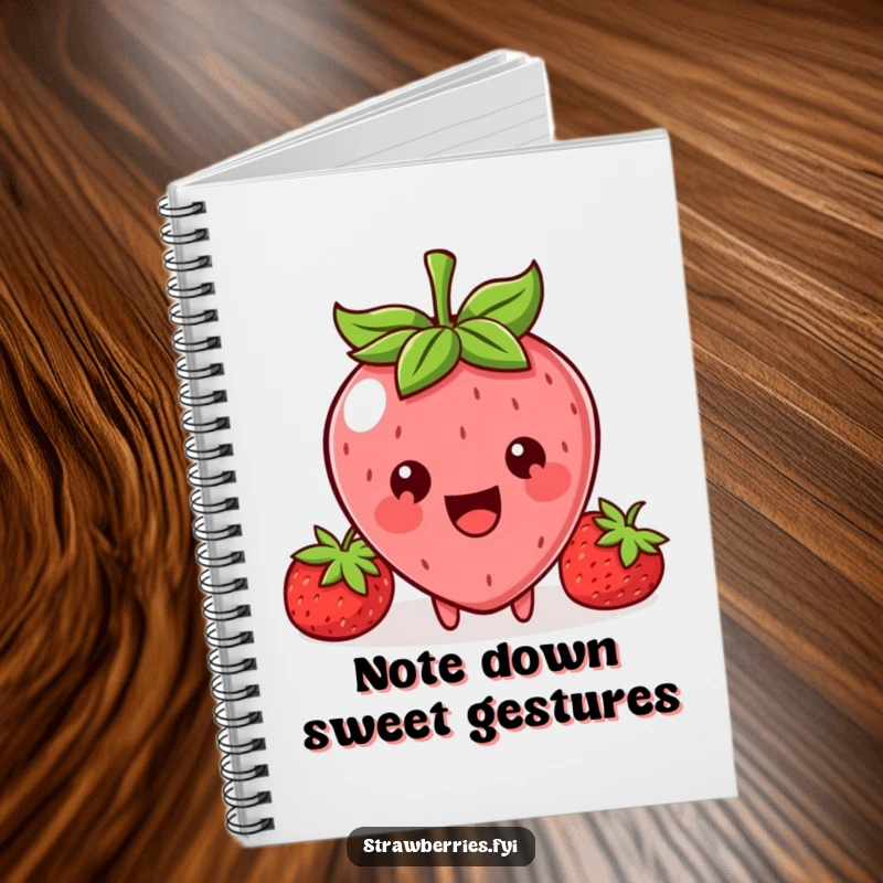Funny notebook cover with a happy Kawaii strawberry character offering a tiny bite with a big, welcoming smile.