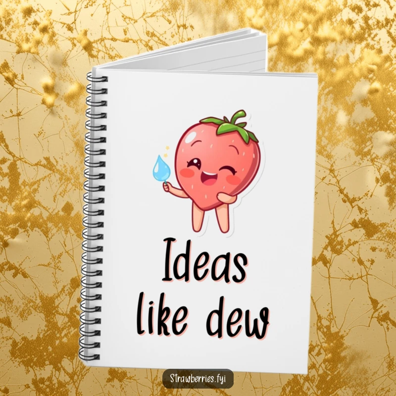 Funny notebook with a happy strawberry character holding a sparkling dewdrop, ideal for note-taking with a cheerful, humorous touch.