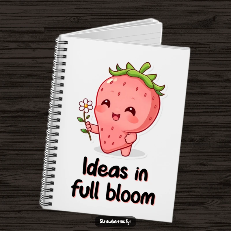Funny notebook with a beaming strawberry character offering a tiny flower, ideal for journaling and note-taking.
