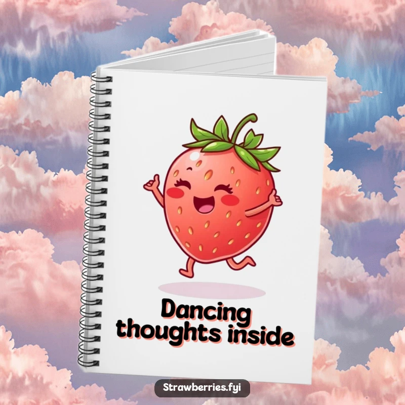 Funny notebook cover with a cheerful strawberry dancing on a leaf, encouraging joyful note-taking.