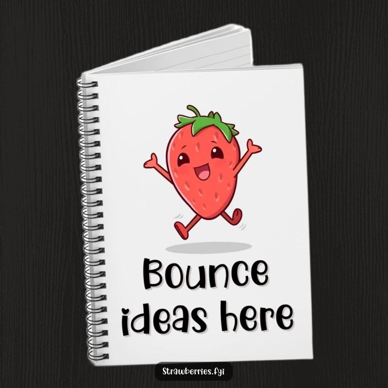 Funny notebook cover featuring a cheerful strawberry character doing small excited hops, inspiring fun and creative note-taking.