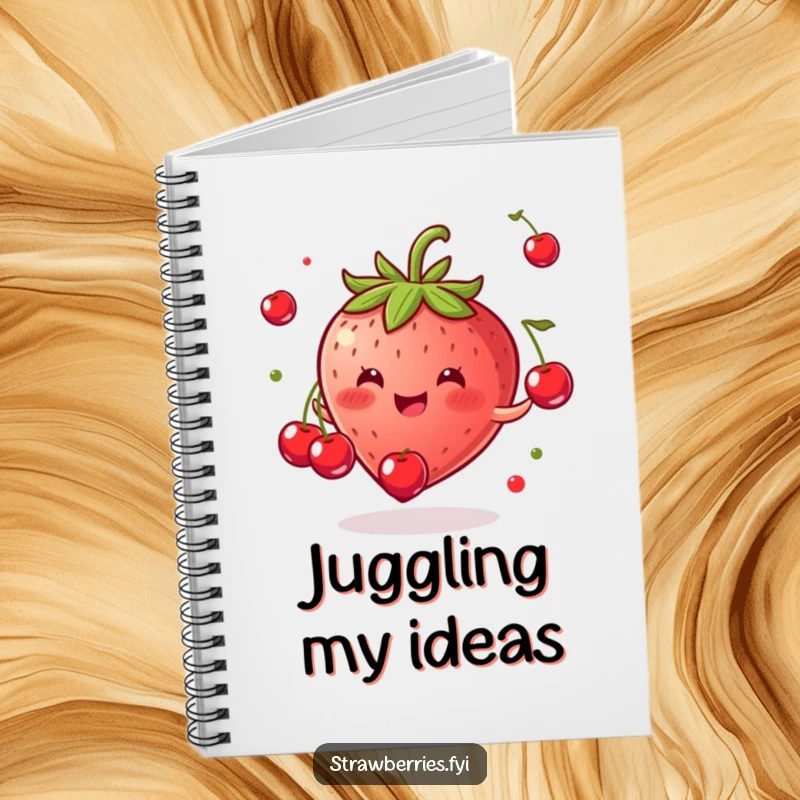 Funny notebook cover featuring a gleeful strawberry juggling tiny cherries, inspiring creativity and laughter.