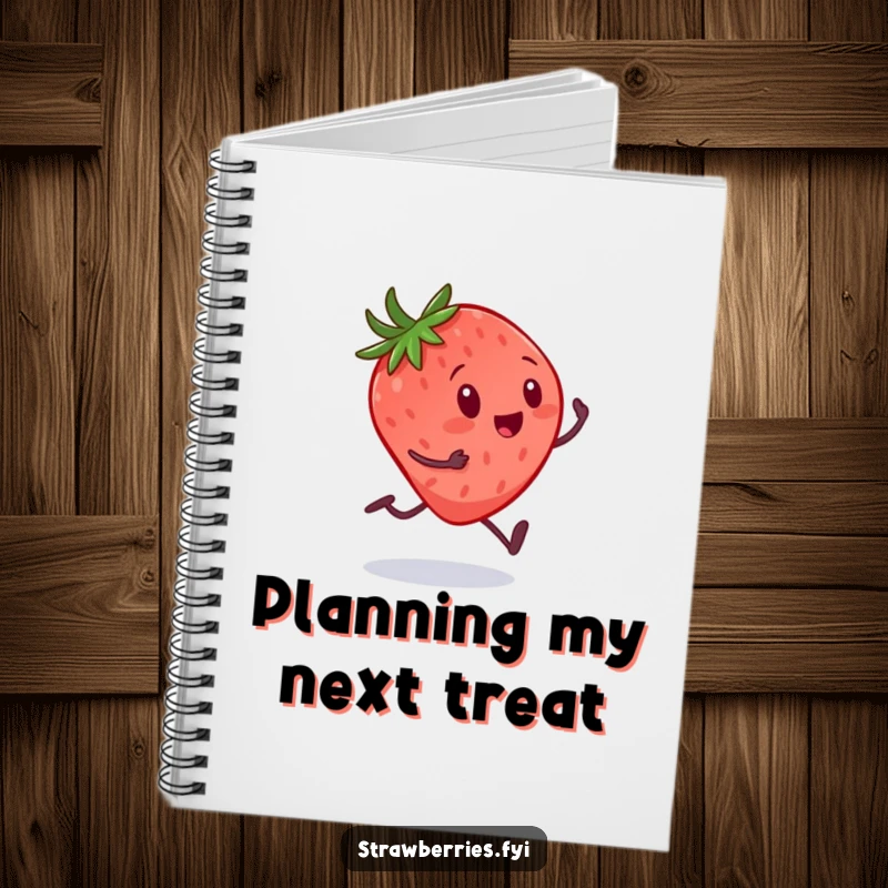 Funny notebook cover with a strawberry character on tiny legs sprinting towards a large spoon, inspiring humorous note-taking.