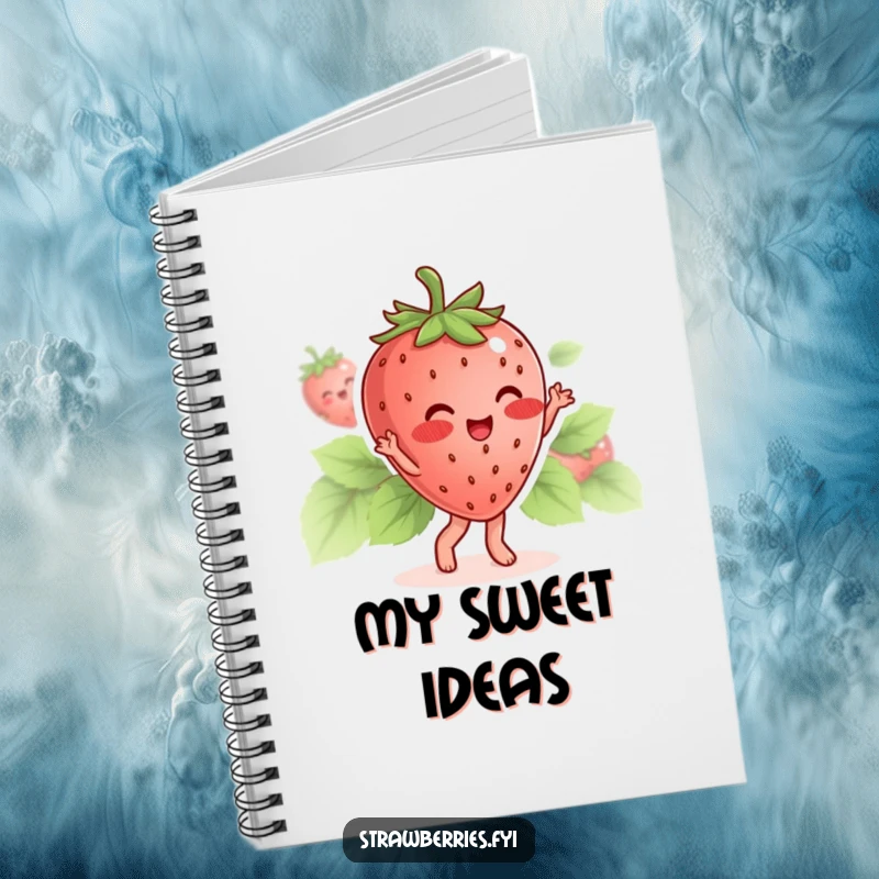 Funny notebook featuring a blushing strawberry character dancing with its leaves, perfect for sweet note-taking.