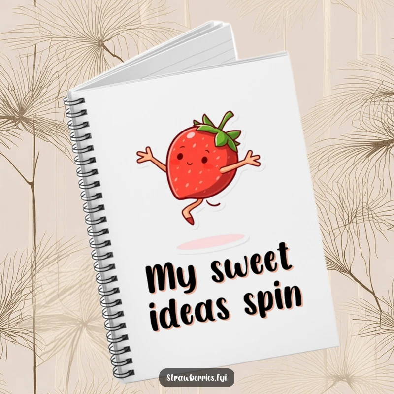 Funny Notebook with a joyful strawberry character doing a pirouette, perfect for creative note-taking.