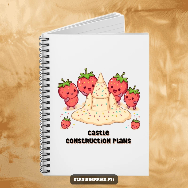 Funny notebook illustrated with strawberries building a sprinkle sandcastle, ideal for jotting down sunny thoughts and beach plans.
