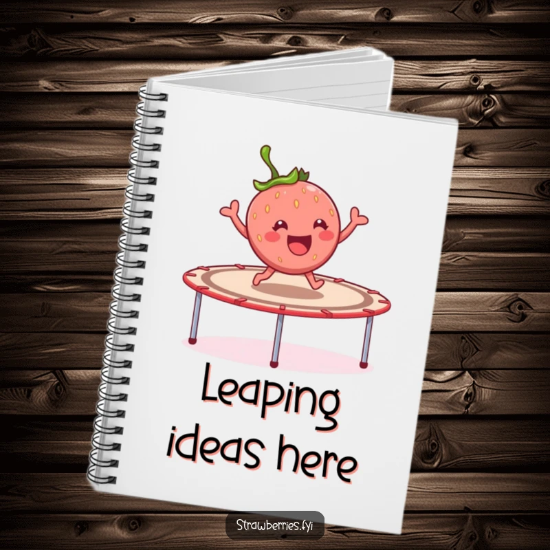 Funny cheerful strawberry character joyfully bouncing on a giant trampoline, a whimsical and practical notebook.