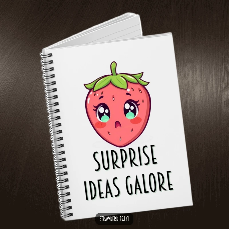 Funny notebook cover featuring a surprised strawberry with wide eyes, falling backward, inspiring expressive writing.