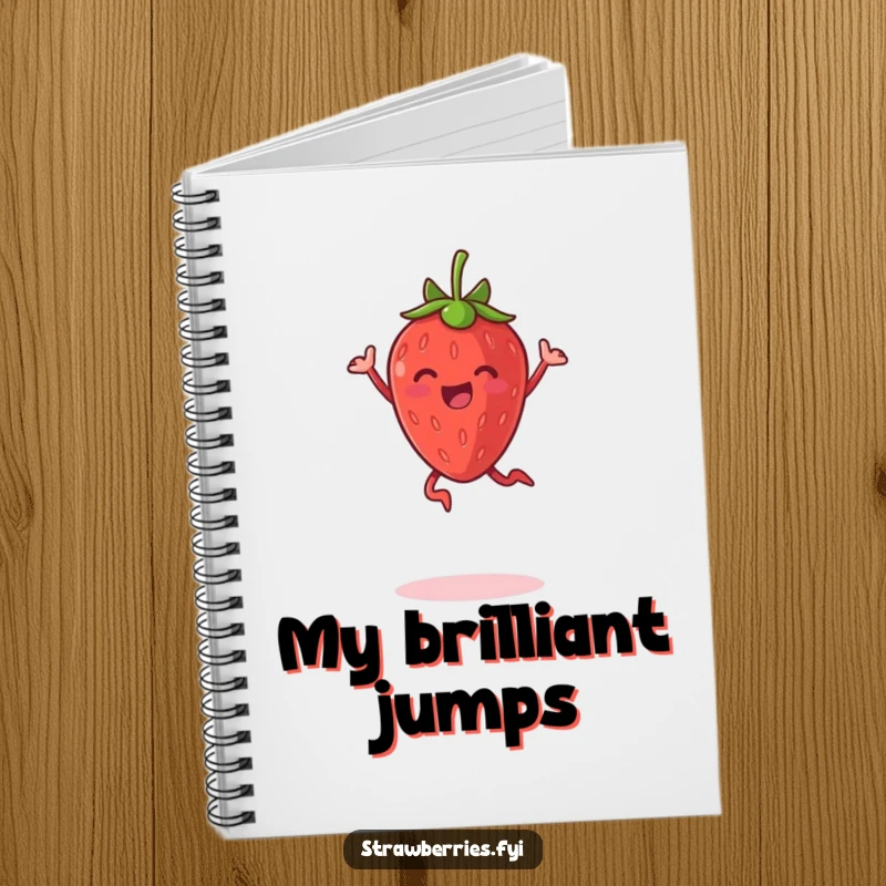 Funny notebook featuring an ecstatic anthropomorphic strawberry mid-jump, inspiring joyful note-taking and creativity.