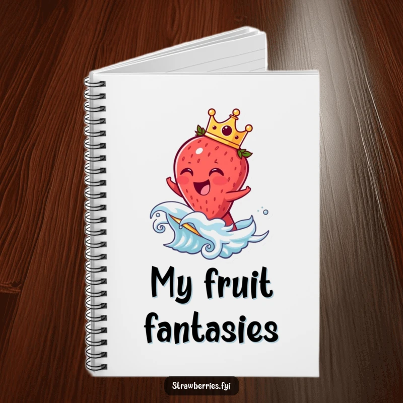 Funny strawberry notebook featuring a laughing crowned fruit character riding a wave, ideal for writing down funny thoughts and plans.