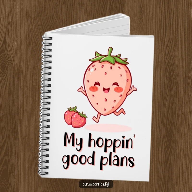 Funny delighted kawaii strawberry character with rosy cheeks doing a little hop, gracing the cover of a lined notebook for jotting down happy thoughts and funny ideas.