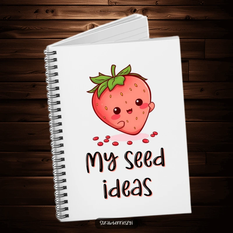 Funny Kawaii Strawberry Notebook featuring a character doing a playful flourish with its seeds, perfect for journaling.