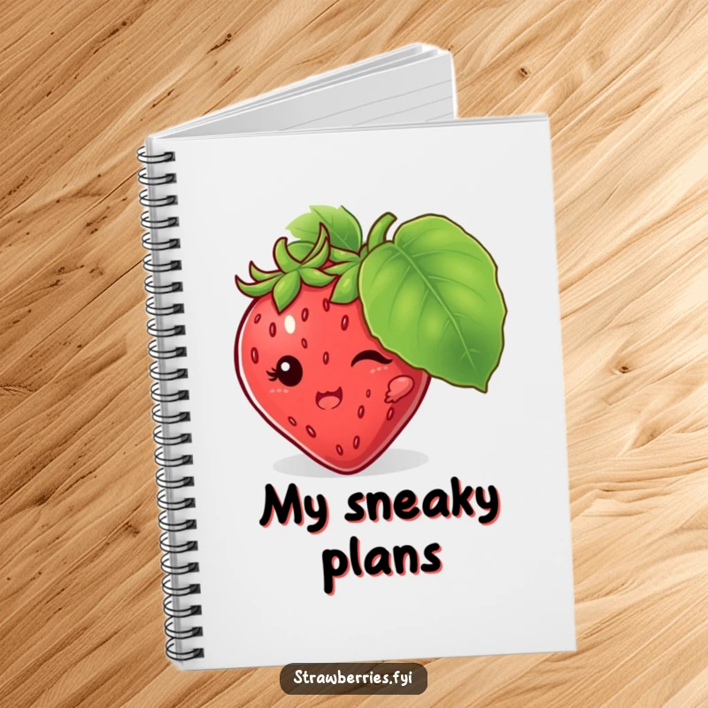Funny notebook featuring a mischievous strawberry character hiding behind a leaf, inspiring notes with its humorous design.