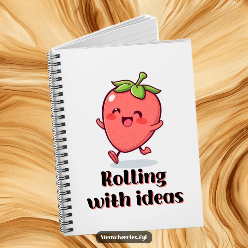 Funny Kawaii strawberry character rolling with glee on a notebook cover, perfect for jotting ideas.