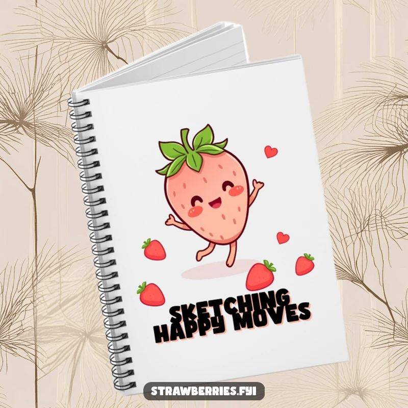 Funny notebook cover with a happy Kawaii strawberry character in a fun dance pose, surrounded by leaves.