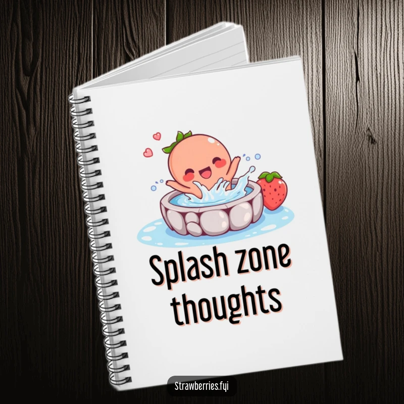 Funny notebook cover featuring a joyful strawberry character splashing in a small pool, inspiring fun and creative note-taking.