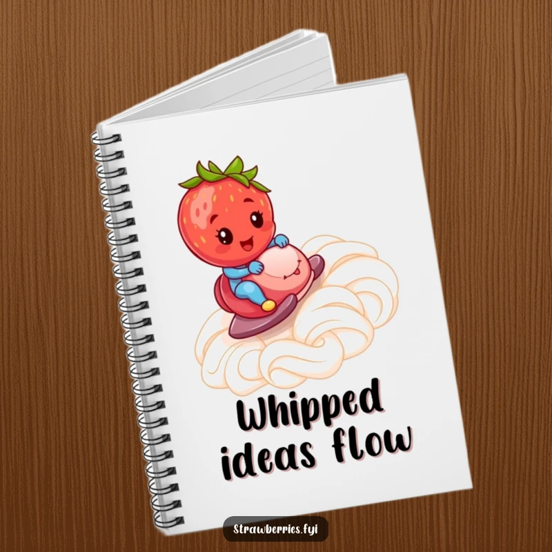Funny Notebook: A cheerful strawberry descending a ramp made of whipped cream, a humorous and inspiring stationery item.