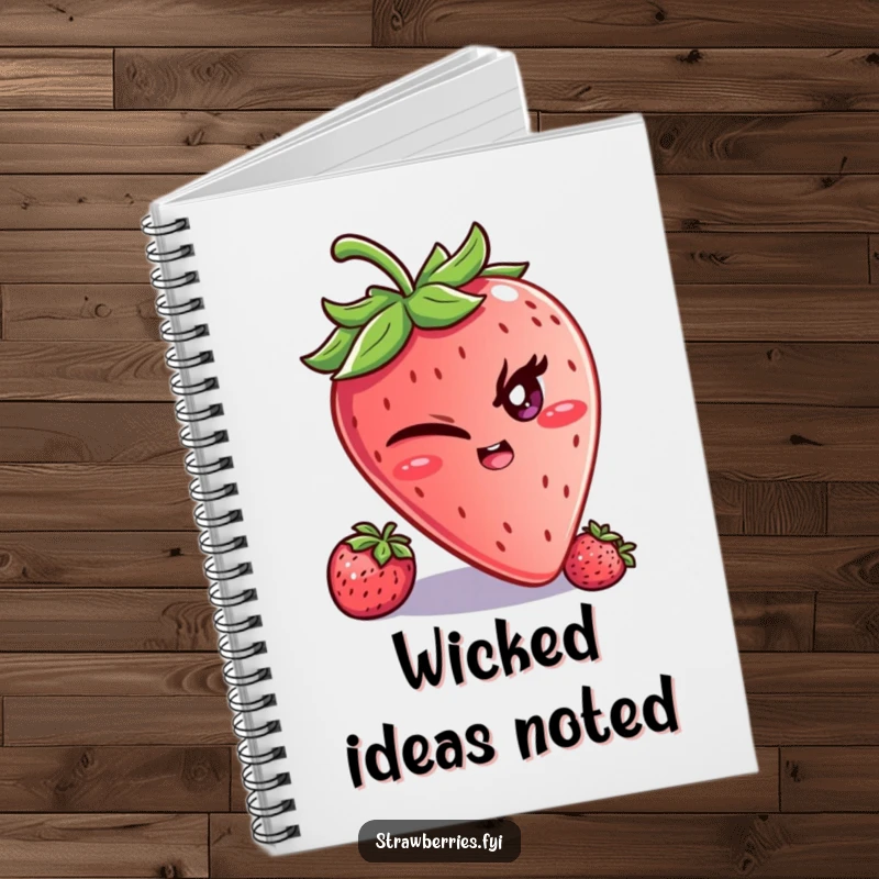 Funny notebook with a winking strawberry character and a mischievous glint, ideal for jotting down notes with a humorous surprise.