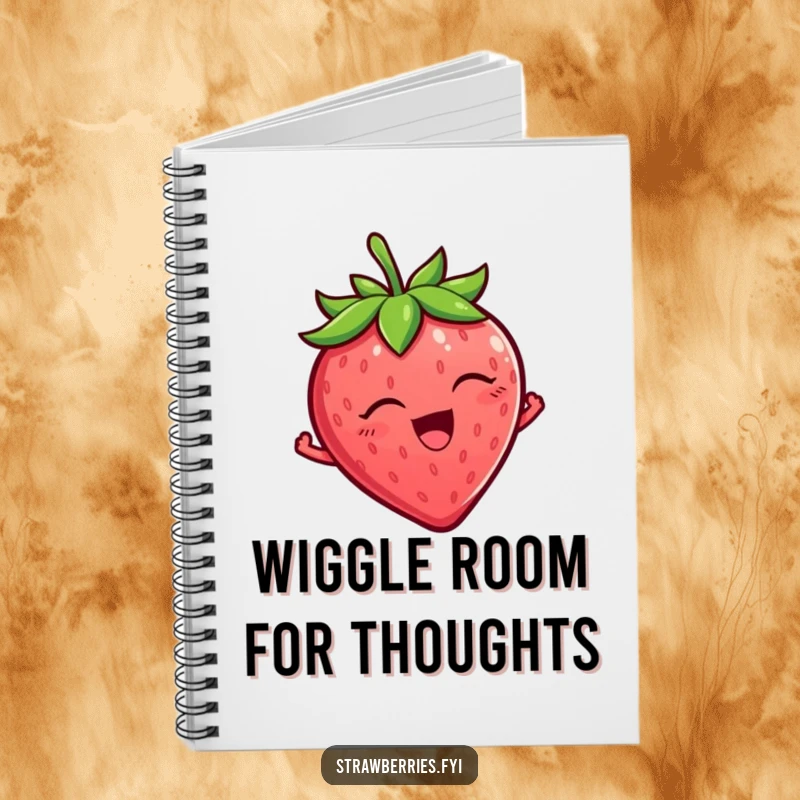Funny Strawberry Notebook with a tickled strawberry character wiggling with delight, ideal for journaling and a funny gift.
