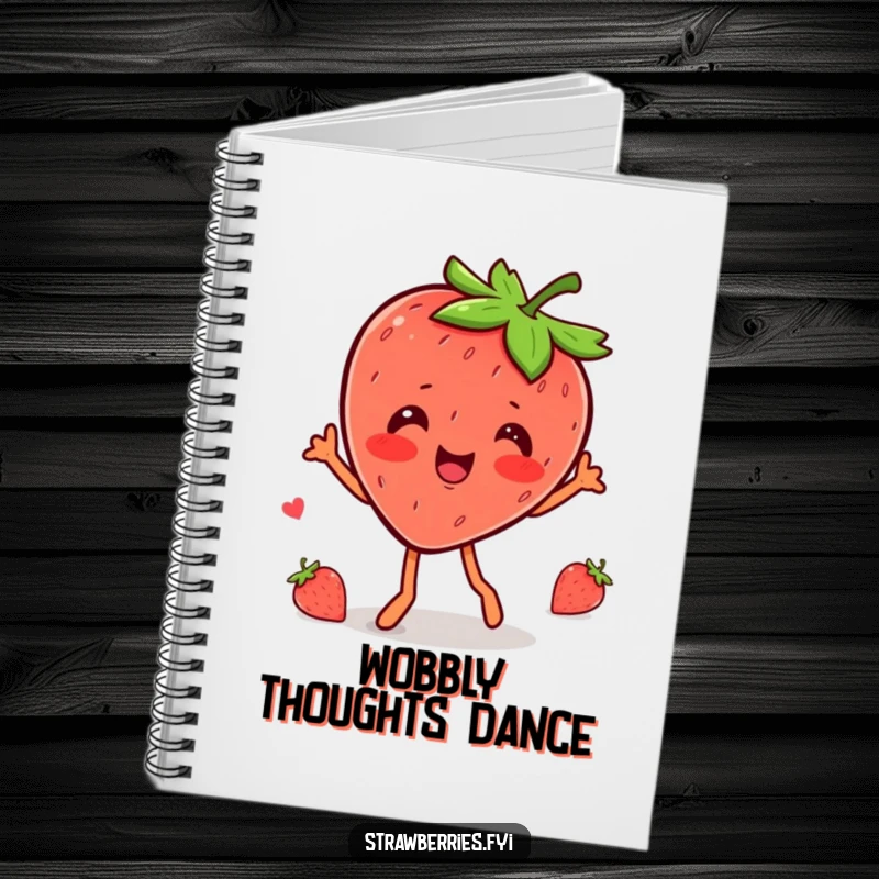 Funny kawaii strawberry character performing a delightful wobble dance on this cheerful notebook.