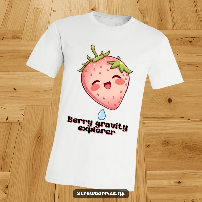 Funny t-shirt featuring a delighted strawberry character laughing hysterically while sliding down a smooth dew drop, embodying extreme fun.